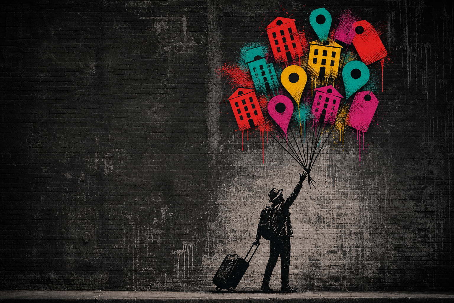 Street-art mural of a traveler holding balloons shaped like hotels, map pins and price tags