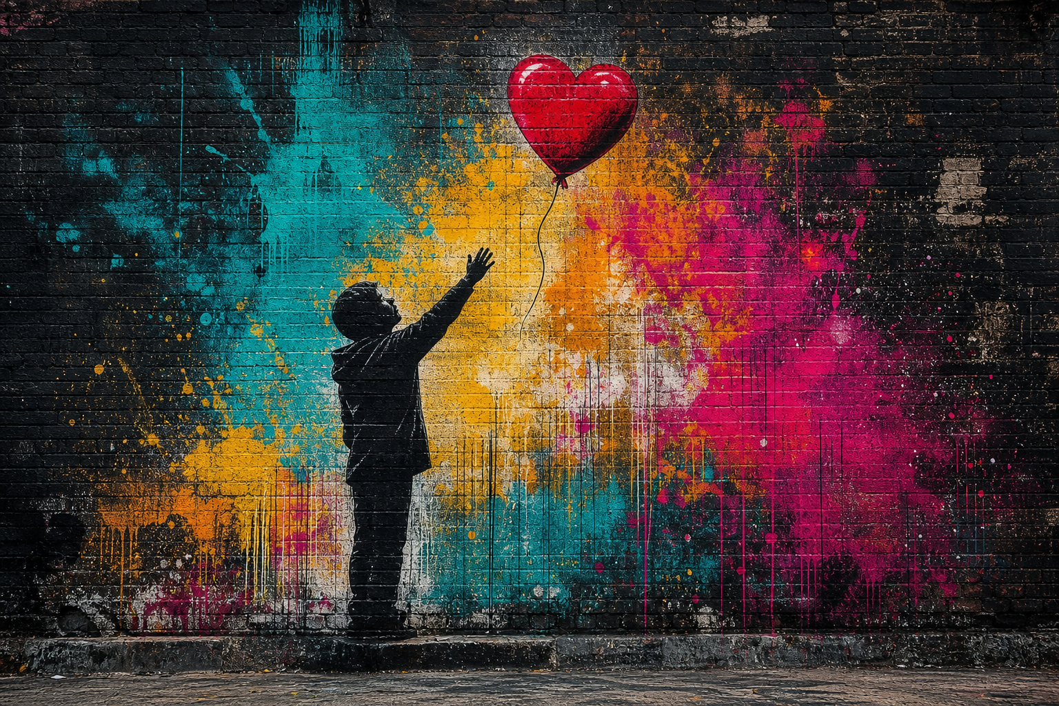 Street-art mural of a figure reaching for a red heart balloon amid colorful spray paint