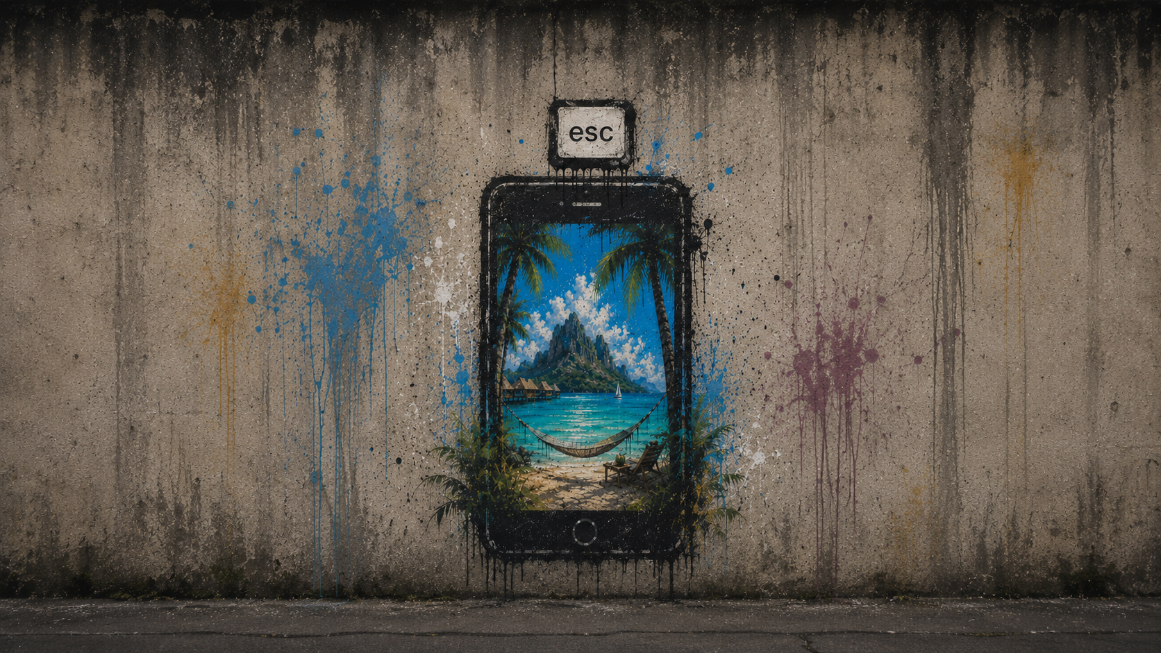 Street-art stencil of a smartphone painted on a concrete wall, its screen showing a tropical island beach